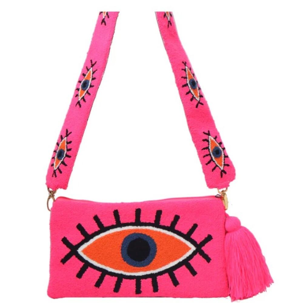 Handmade Evil Eye Woven Pink Clutch Purse Tassel, Crossbody Strap